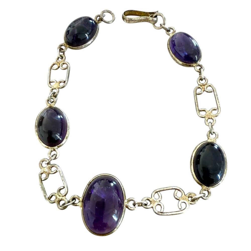 Sterling Silver Bezeled Amethyst cabochon Ovals Handmade 8" Bracelet